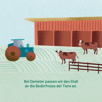 Bei Demeter passen wir den Stall an die Bedürfnisse der Tiere an. Abgebildet sind Kühe vor einem Stall neben einem Traktor
