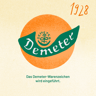 Jahr 1928: Das Demeter-Warenzeichen wird eingeführt. Abgebildet ist das alte Demeter-Warenzeichen