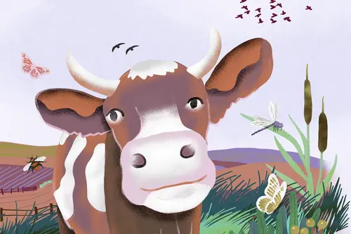 Gemalte Kuh auf Weide mit viel Artenvielfalt