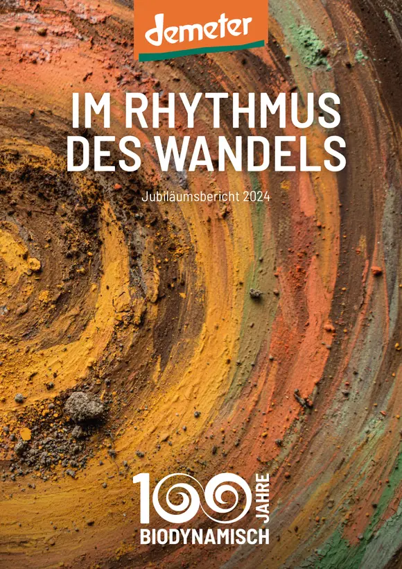 Cover des Jubiläumsberichts 2024 zeigt einen Strudel aus Erdfarben mit dem Titel "Im Rhythmus des Wandels"